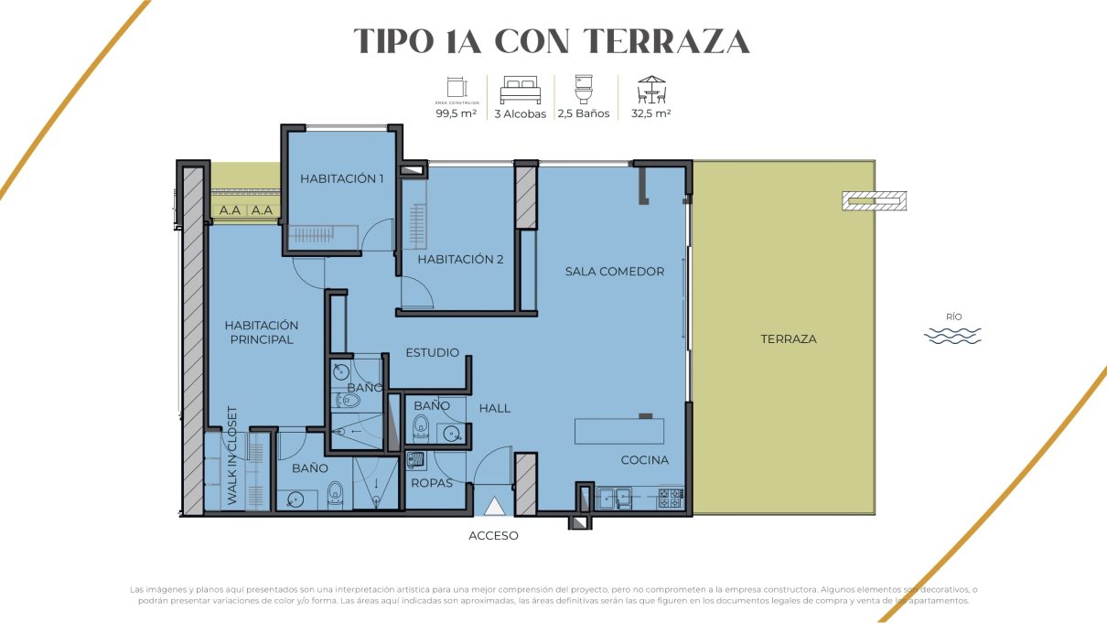 plano tipo 1A con terraza de Vive Río